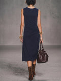 Women's Solid-color V-neck Sleeveless Loose-fit Cotton Casual Dress
