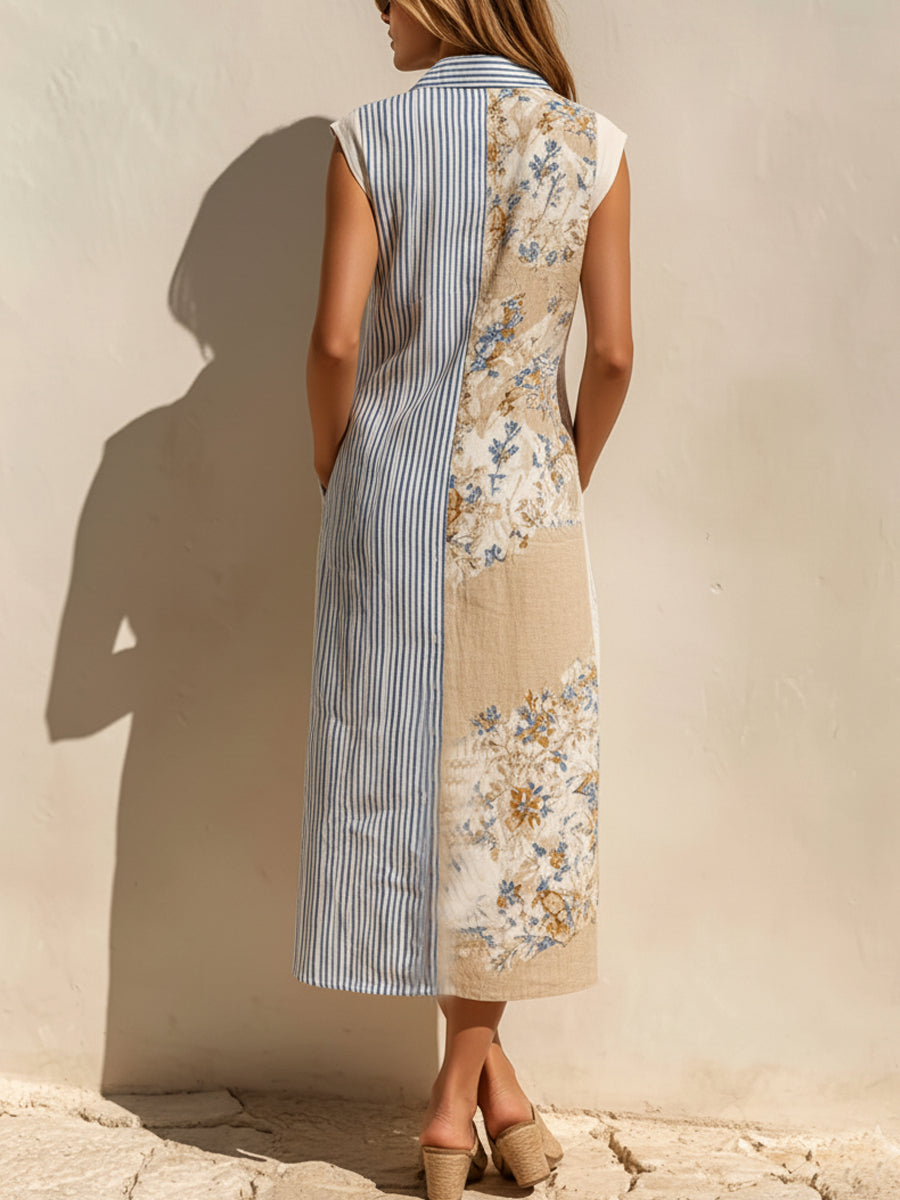 Mixed Print Patchwork Sleeveless Linen-blend Shirt Maxi Dress