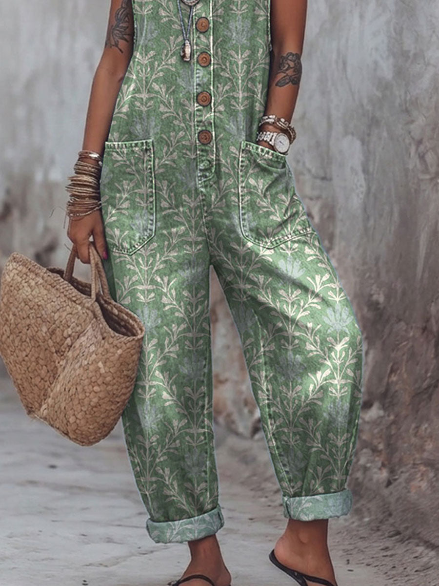 Women's Vintage Plants Art Print Casual Jumpsuit