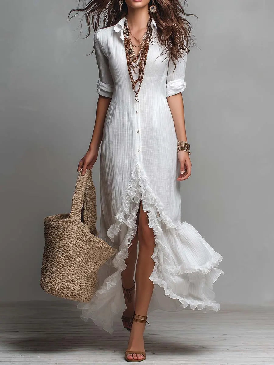 Women's Simple Ruffle-decorated Cotton And Linen Shirt Dress