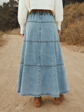 Washed Denim A-line Maxi Skirt With Elastic Waist, Button Placket, And Paneled Design