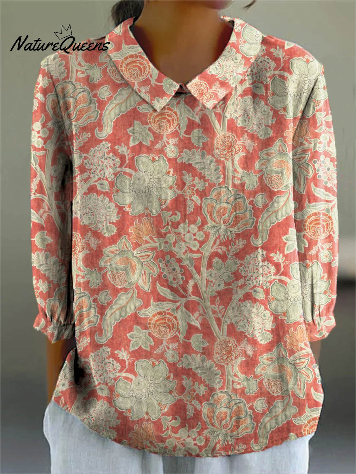 Women's Vintage Lovely Floral Art Print Casual Cotton And Linen 3/4 Sleeve Shirt