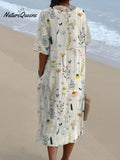 Women's Vintage Lovely Floral Art Print Casual Pocket Linen Dress（Convertible Dress With Front And Back Option）