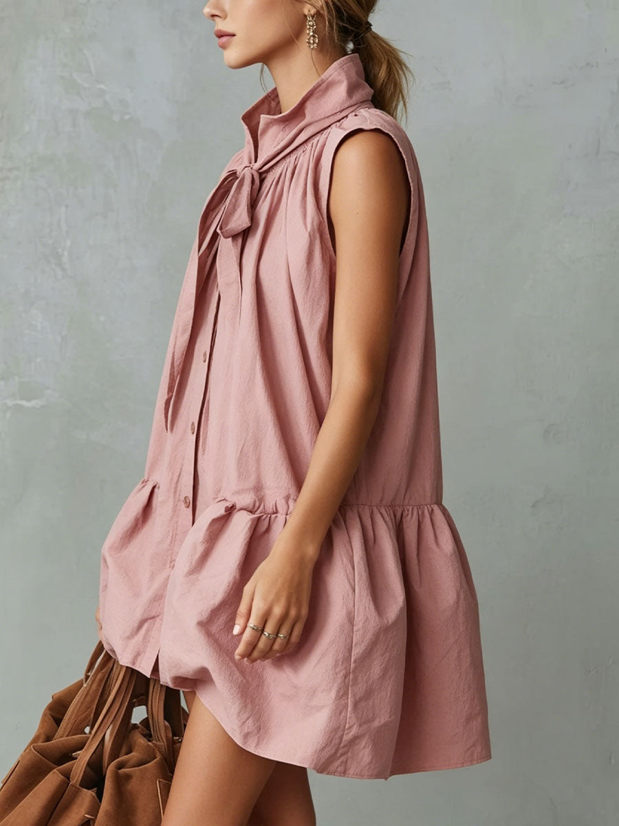 Women's Retro Vacation-style Stand Collar Front-button And Ruffled Trim Pink Cotton-linen Mini Dress