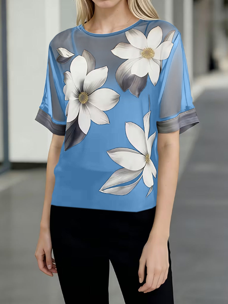 Women's Abstract Print Round-neck Short-sleeve Casual Loose Sheer Chiffon Top