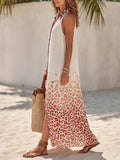 Ombre Red Leopard Print Halter Neck Button-down Maxi Shirt Dress