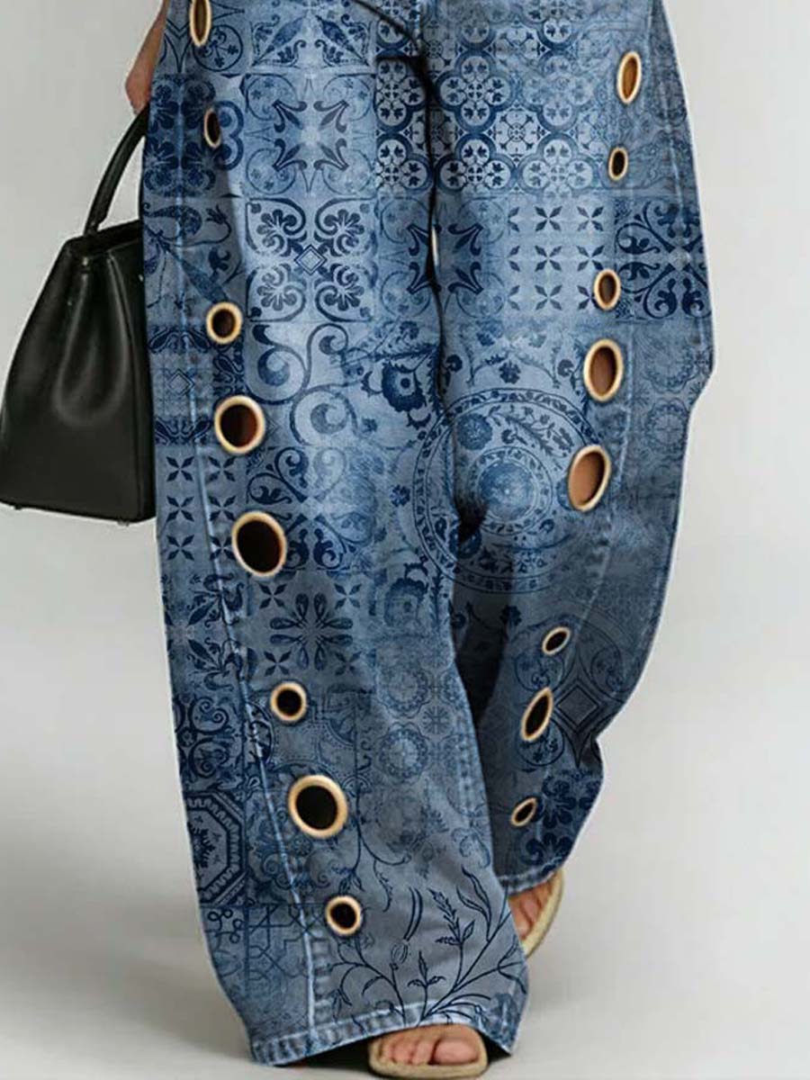 Women's Retro Floral Art Print Casual Stylish Hollow Denim Pants