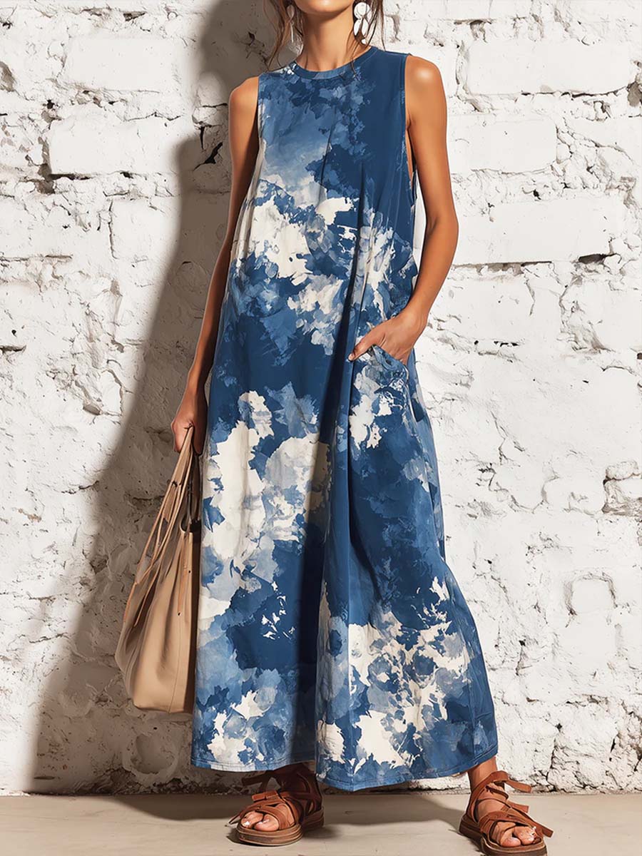 Women's Abstract Print Round-neck Sleeveless Loose-fit Cotton-linen Casual Dress