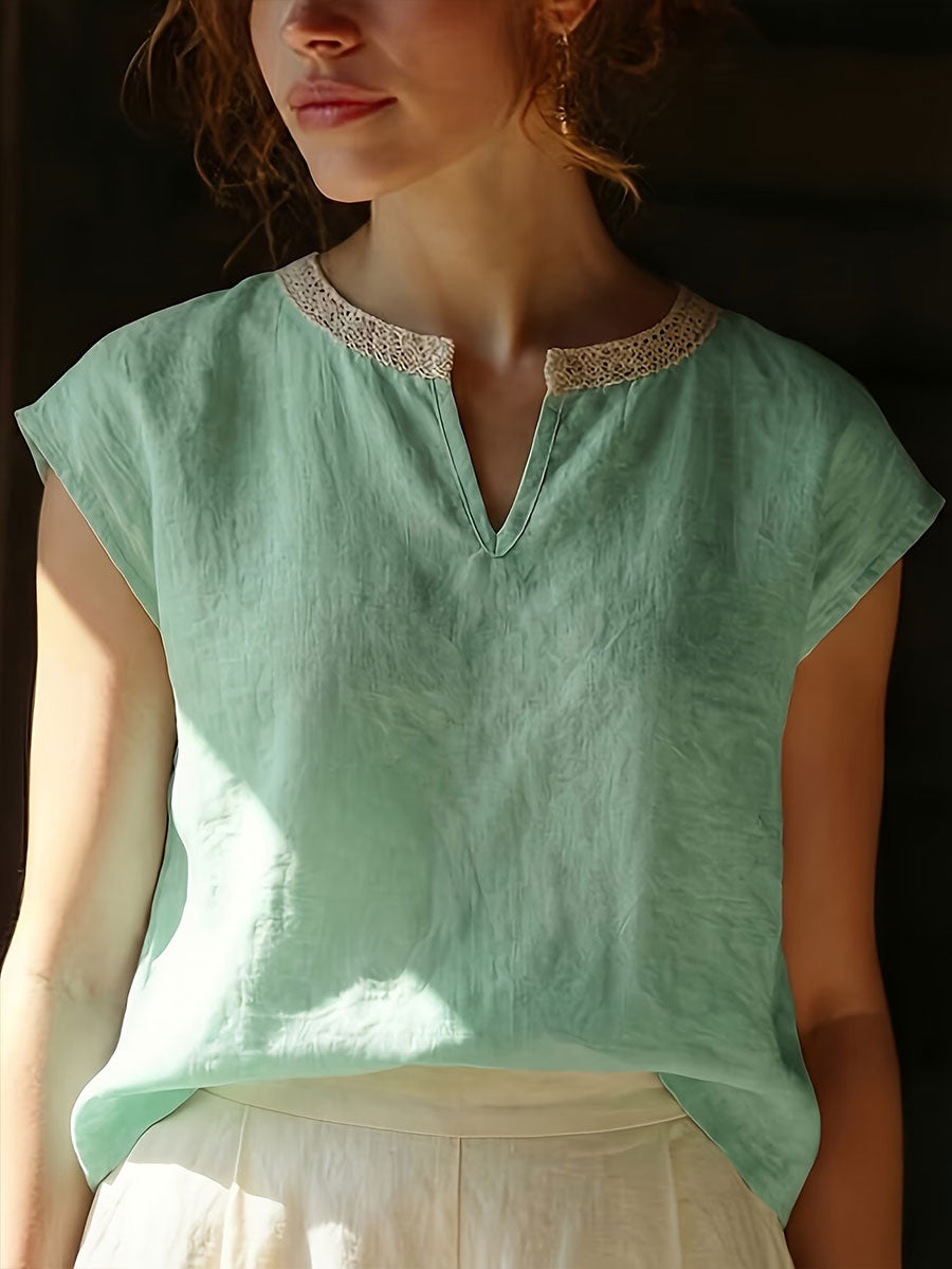 Women's Lace Trim Crew Neck Short-sleeve Top