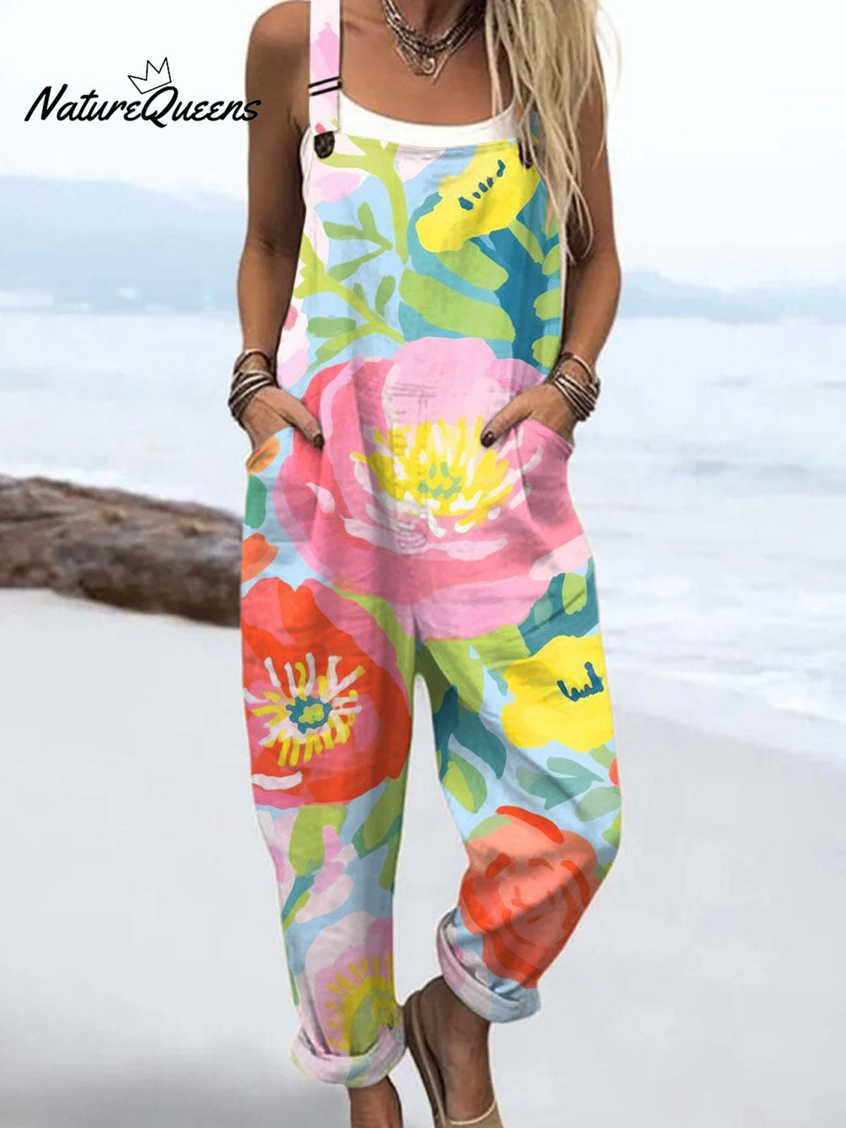 Women'sVintage Floral Art Print Casual 100% Cotton Wide Leg Jumpsuit