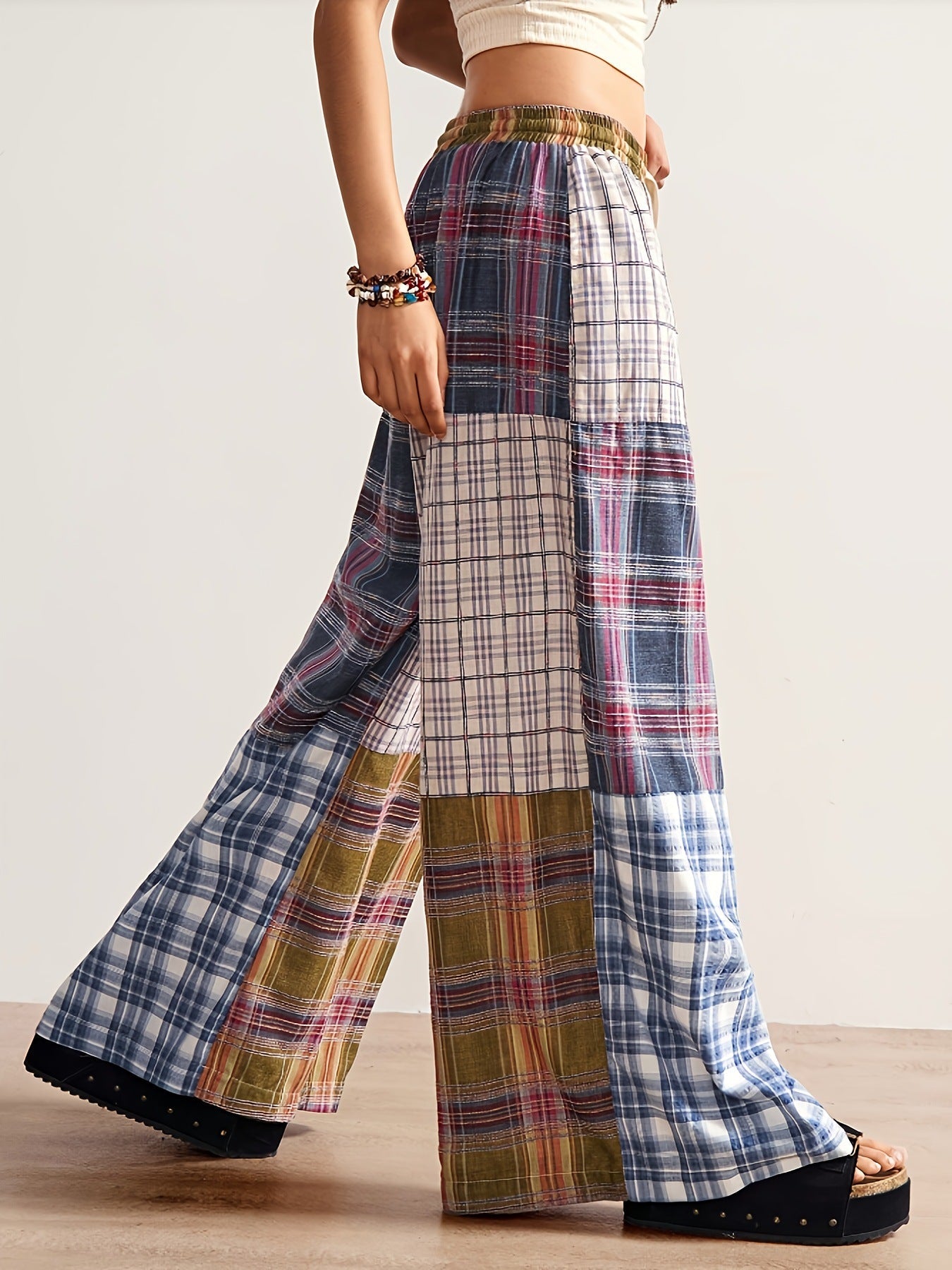 Dopamine-style Color-block Plaid Wide-leg Pants — High-waisted, Slimming, And Loose-fitting With A Designer Aesthetic