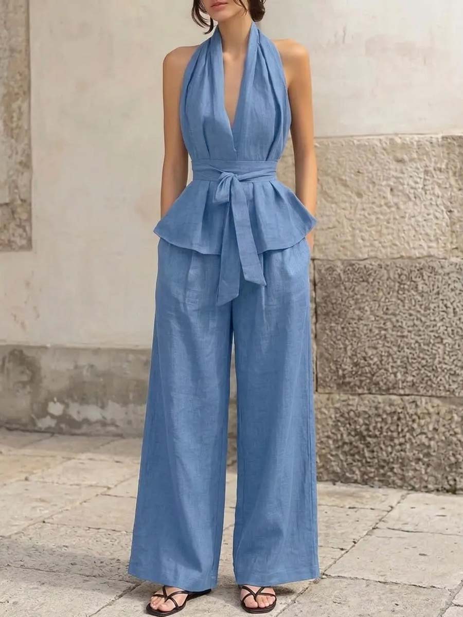 Women's Solid Color Art Stylish Casual Vest And Pants Cotton Linen Two-Piece Set