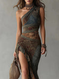 Women's Bohemian Vintage Patchwork Print Asymmetrical Ruffled Maxi Dress