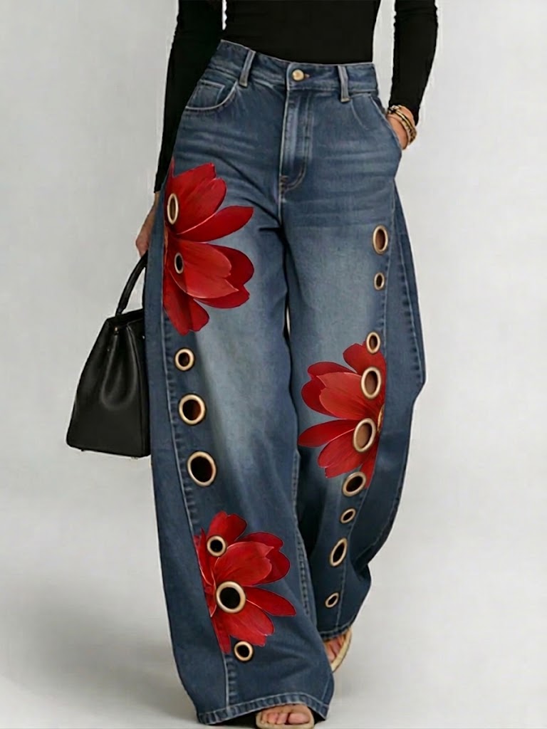 Women's RetroArt Print Casual & Stylish Distressed Jeans