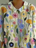 Oil Painting Spring Field Art Printed Women's Casual Cotton And Linen 3/4 Sleeve Shirt