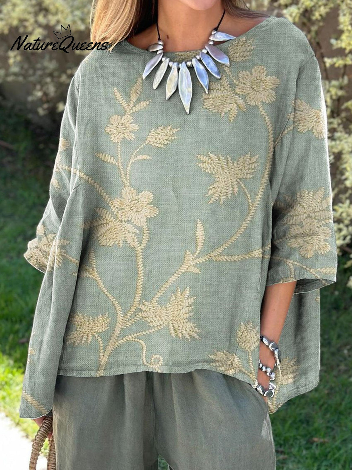 Women's Retro Elegant Floral Art Print Casual Cotton And Linen Shirt