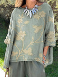 Women's Retro Elegant Floral Art Print Casual Cotton And Linen Shirt