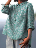 Vintage Floral Art Print Casual Cotton And Linen Shirt
