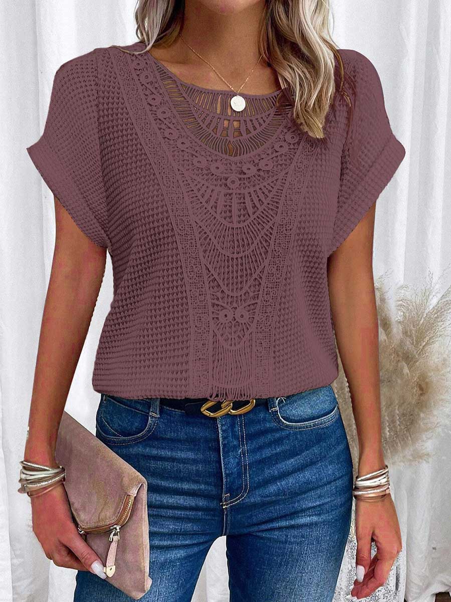 Women's Crew Neck Short-sleeve Casual Loose Top With Lace Splicing