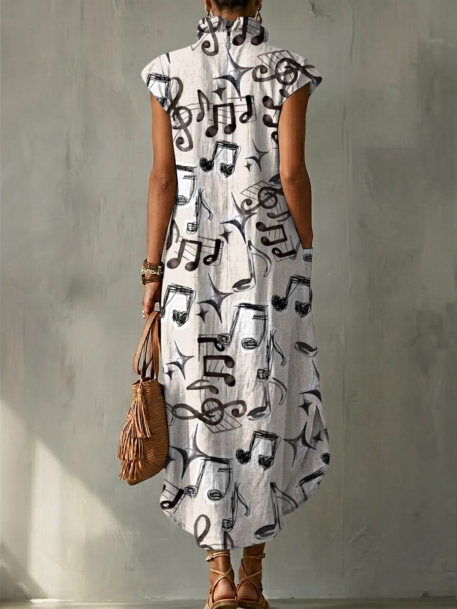 Musical Note Decorative Pattern Women's Casual No Sleeve Bud Collar Linen Cotton Dress