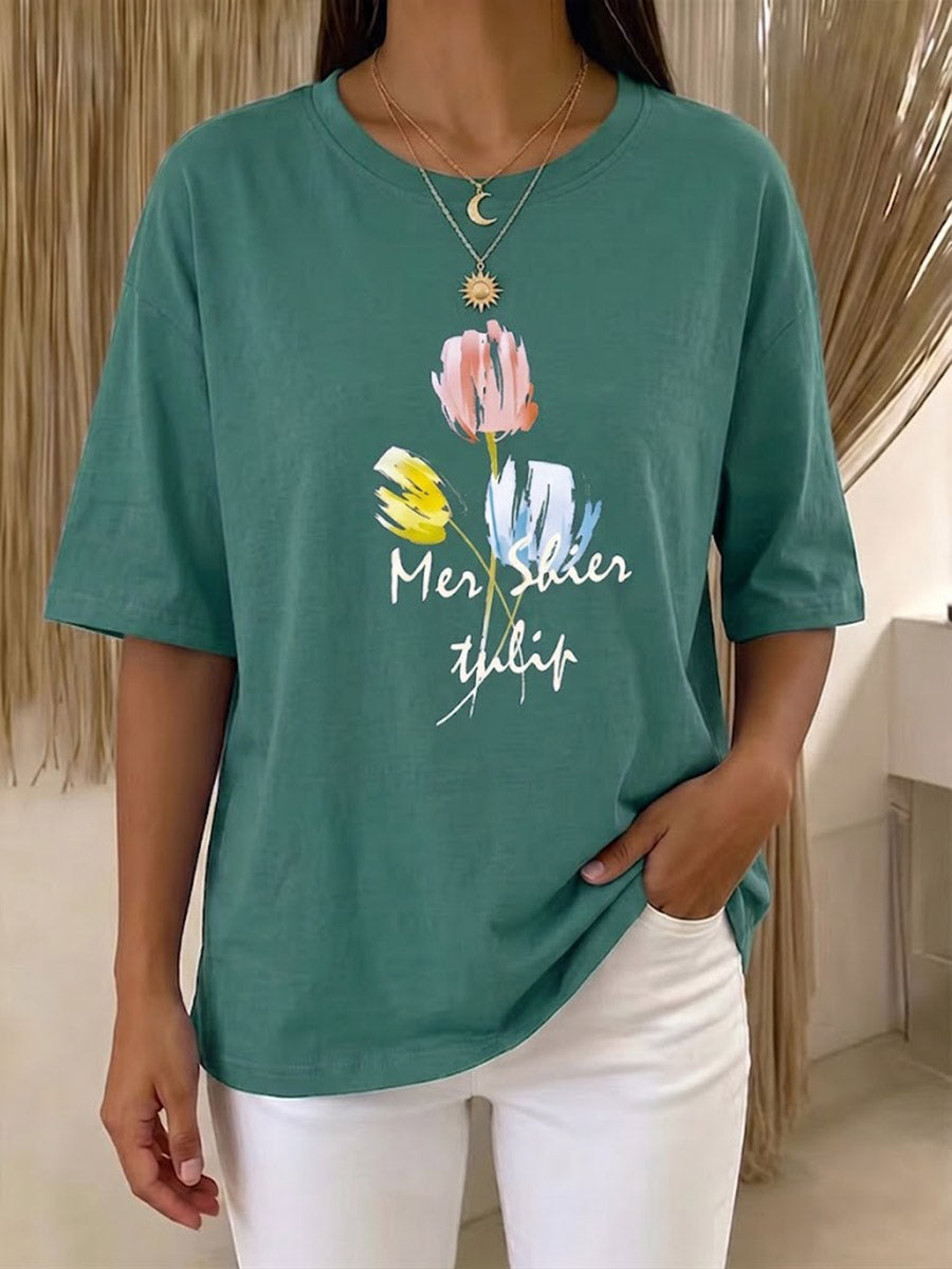 Women's Crew Neck Short Sleeve Casual Loose-fit Cotton T-shirt