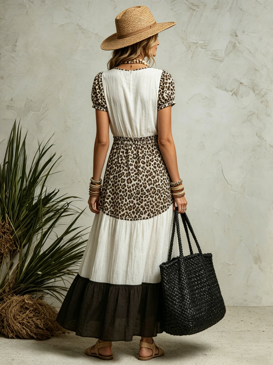 Leopard Print & Color Block Tiered High-low Maxi Dress