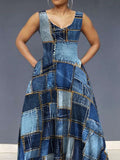 Ursime Denim Allover Pattern V Neck Sleeveless Maxi Dress
