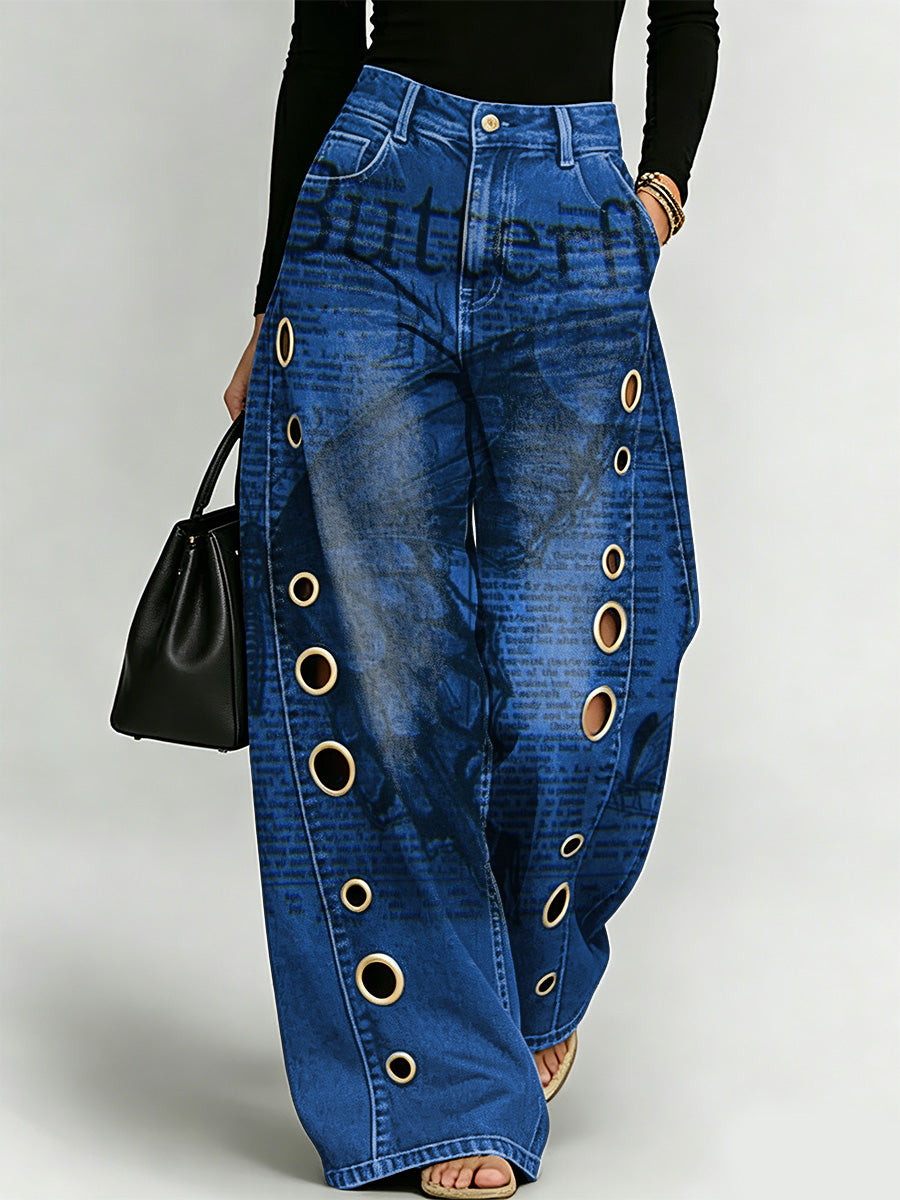 Vintage Butterfly Clippings Decorative Pattern Women's Casual Denim Pants