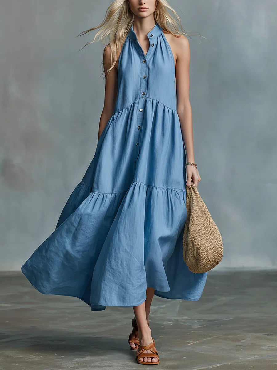 Women's Sleeveless Casual Loose Linen Button-down Dress