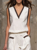Casual Retro Brown-trimmed White Cotton Linen Sleeveless Top And Pants Set