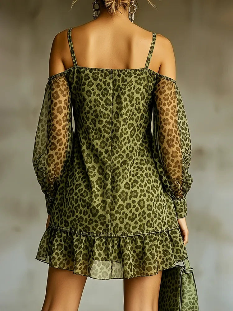 Leopard Print Off-shoulder Cropped Dress With Mesh Sleeves