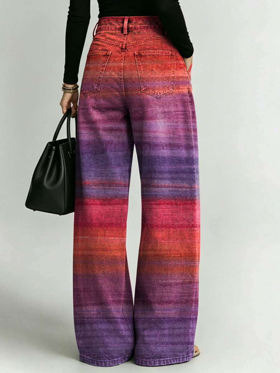 Women's Retro Gradient Pattern Printed Stylish Cutout Casual Denim Jeans