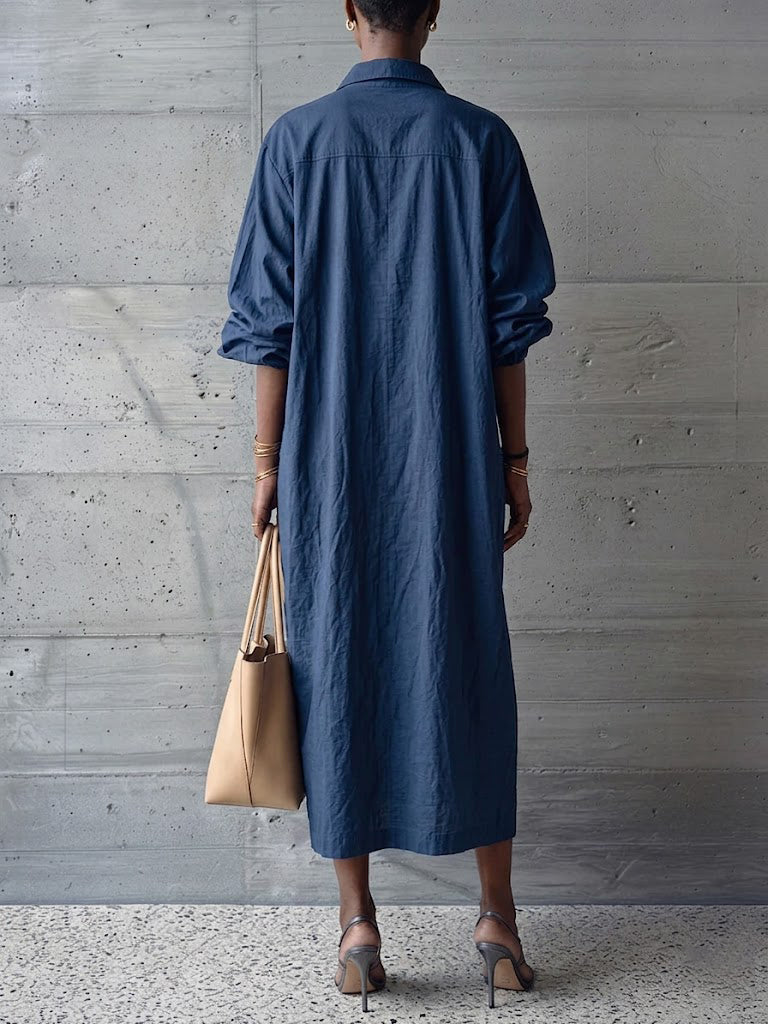 Navy Blue Textured Cotton-linen Frog Button Placket Collar Loose Shirt Midi Dress