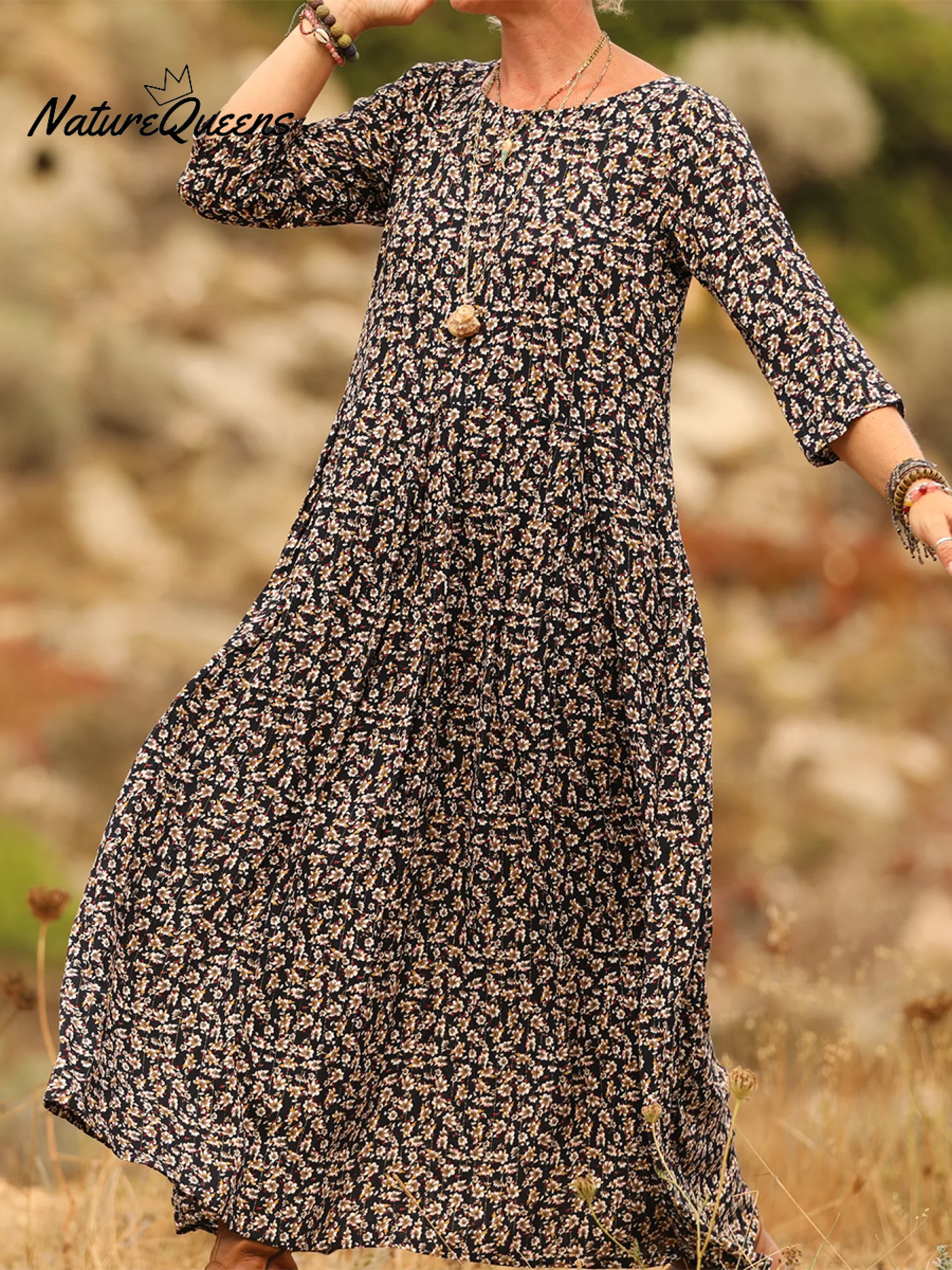 Elena Comfortable Pleated Cotton and Linen Dress