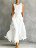 Women's Round-neck Sleeveless Waist-tie Dress