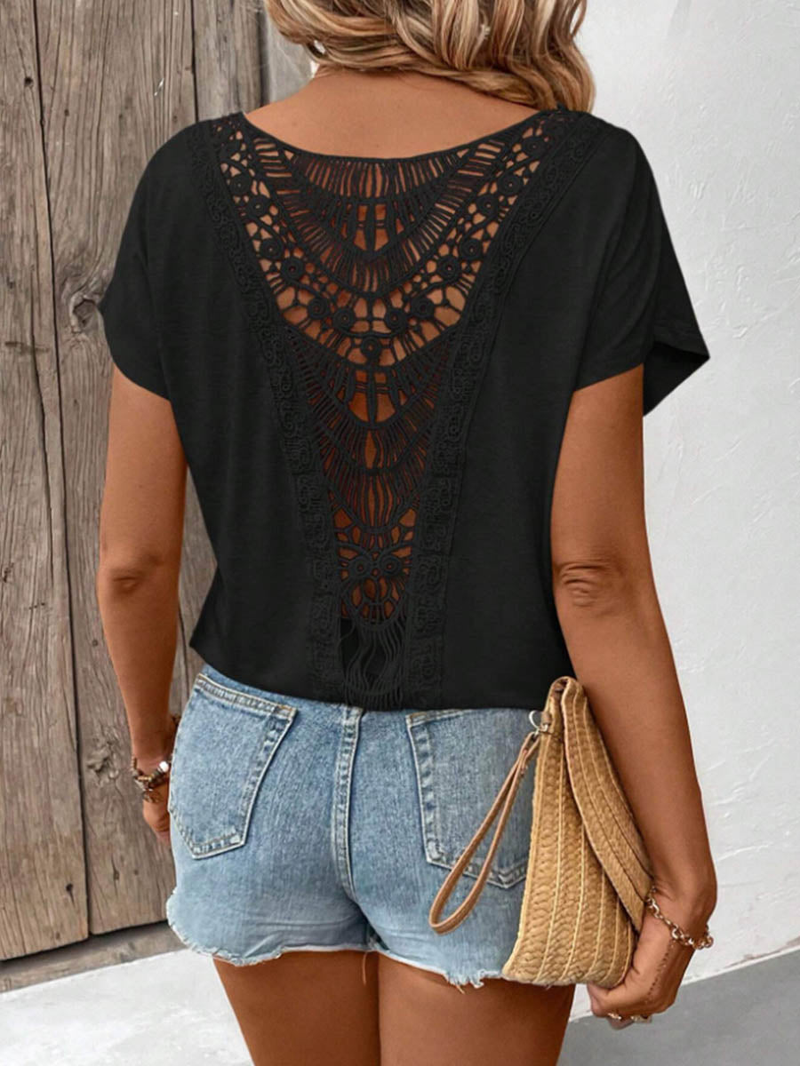 Women's Solid-color Round-neck Short-sleeve Top — Casual Loose-fit With Lace Splicing