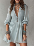 Elegant Lace Trim Pleated Chiffon Dress With Puff Sleeves