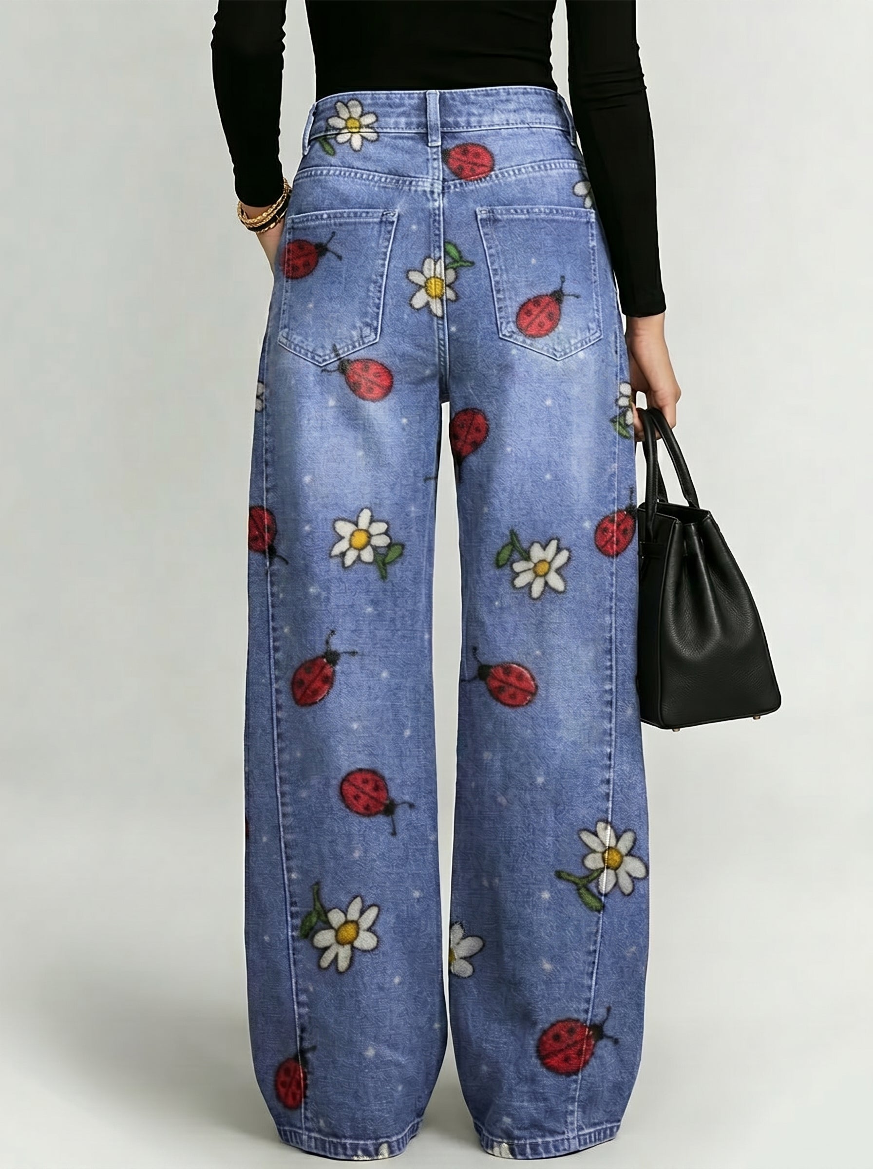 Ladybug And Daisy Decorative Pattern Women's Denim Pants