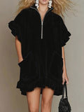 Women's Double Pockets Zipper Ruffle Sleeves Short-sleeve A-line Dress