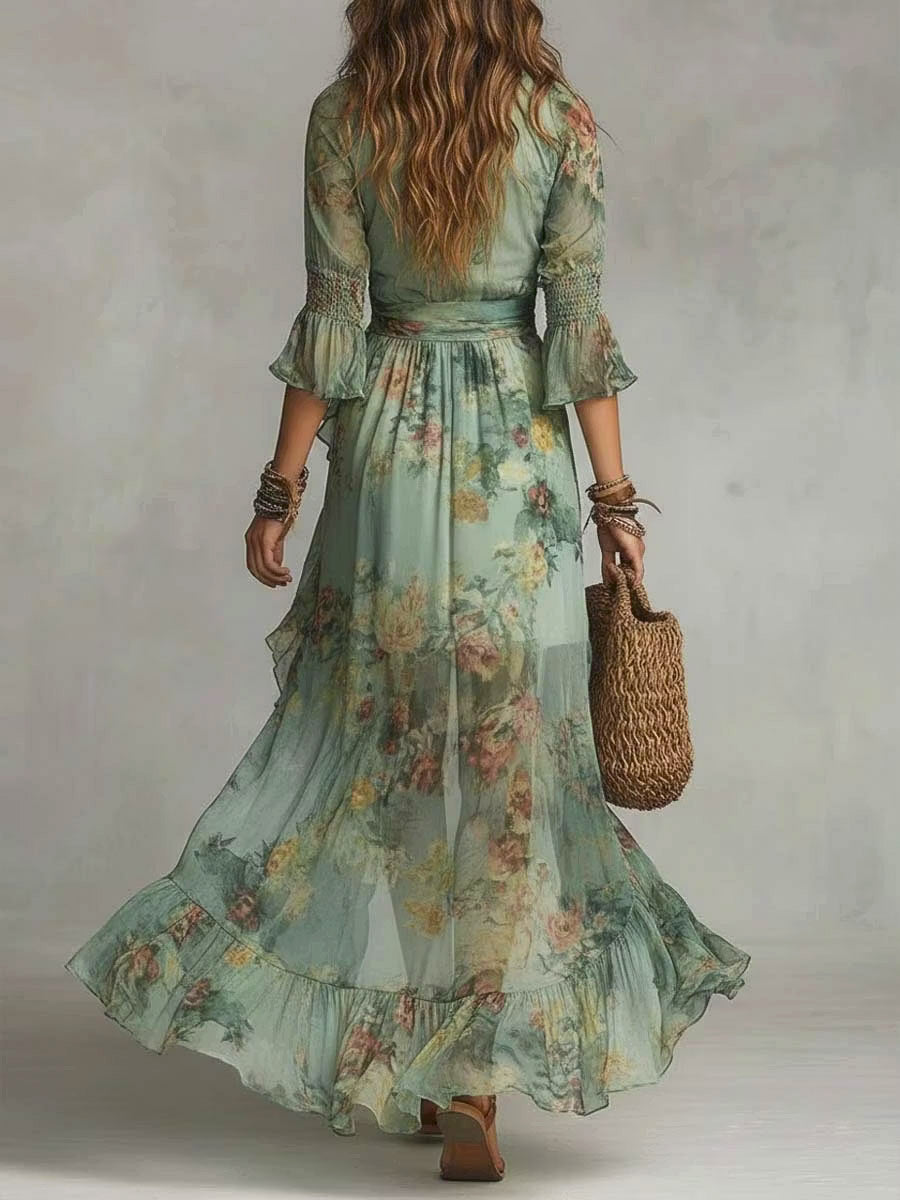 Women's Ruffled Floral Art Print Casual Stylish Comfortable Long Dress