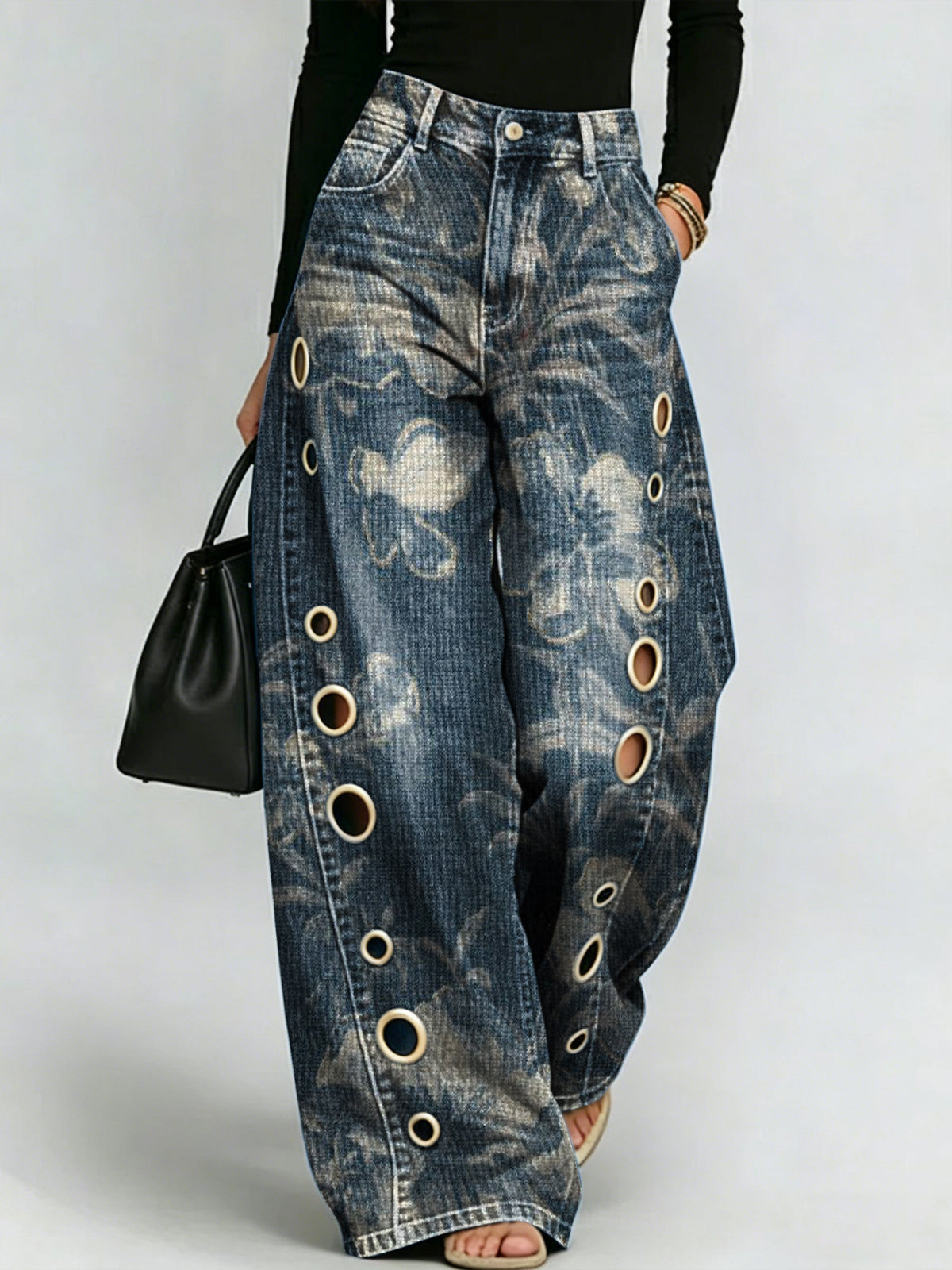 Retro Floral Print, Metal Eyelet-detail, Drapey Wide-leg Jeans
