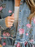 Women's Vintage Washed Floral Print Denim Jacket