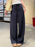 Women's Solid-color High-waisted Drawstring Loose-fit Cotton-linen Wide-leg Pants