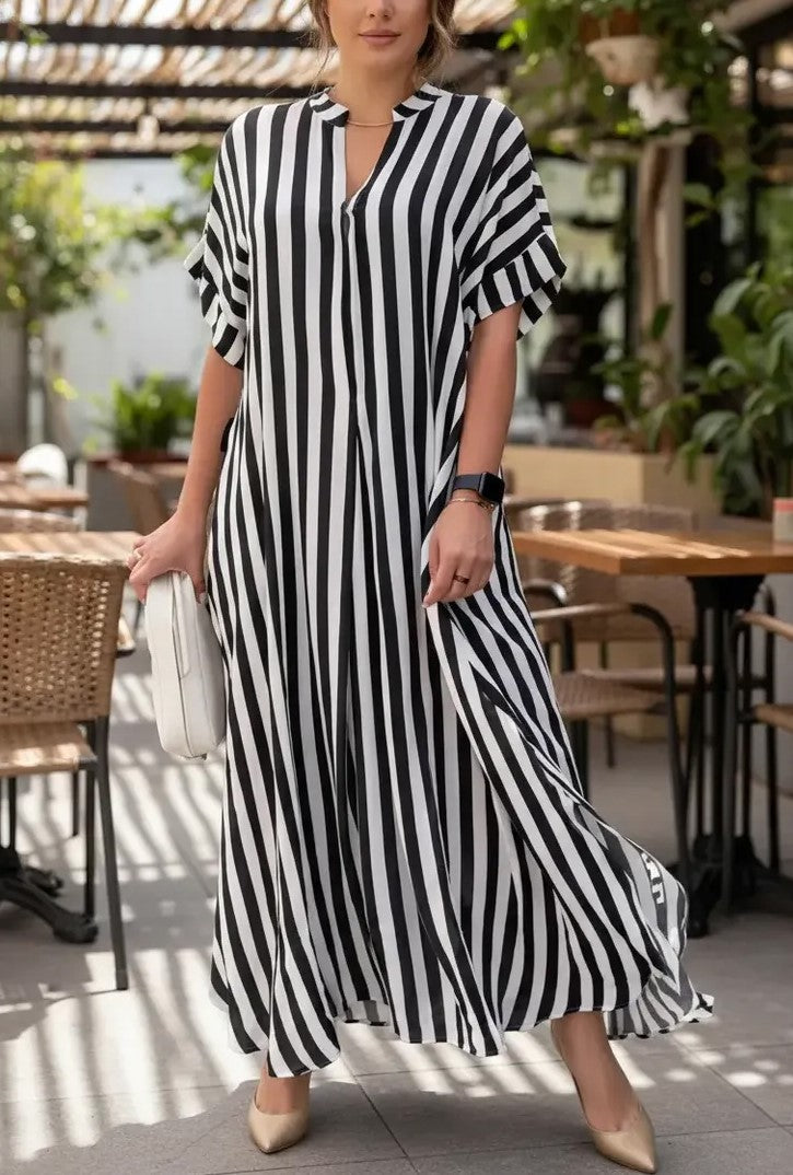 Striped V-neck Loose-fit Batwing-sleeve Maxi Dress