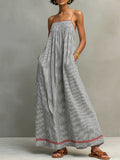 Women's Striped Print Square-neck Sleeveless Casual Loose-fit Cotton-linen Sundress