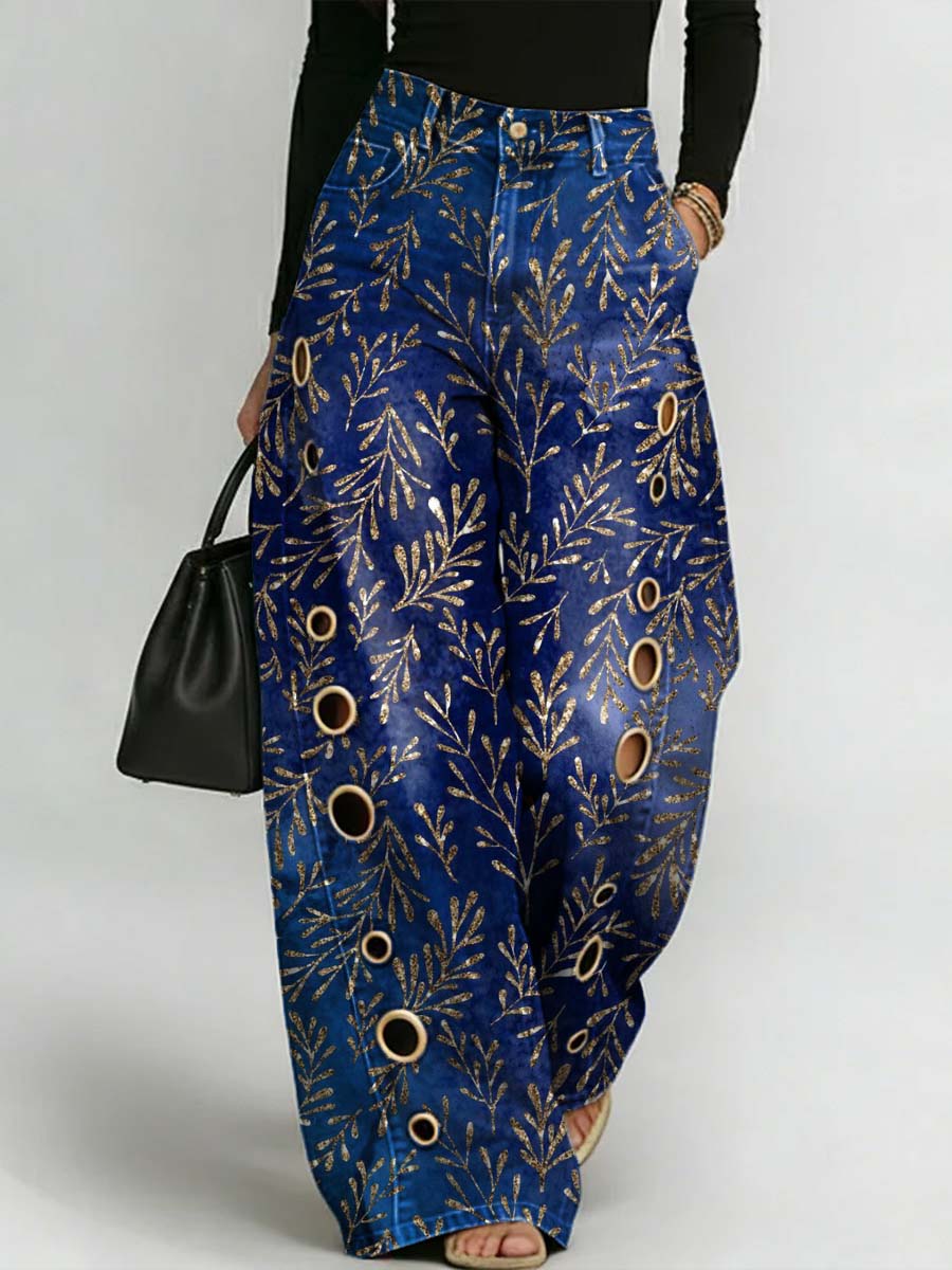 Women's Retro Floral Art Print Casual Stylish Hollow Denim Pants