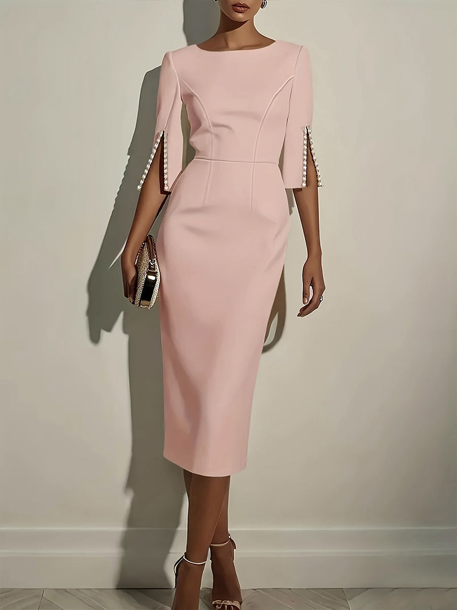Women's Solid-color Round-neck 3/4-sleeve Casual Slim-fit Dress