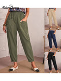 Cotton and Linen Elastic Waist Pocket Tapered Pants
