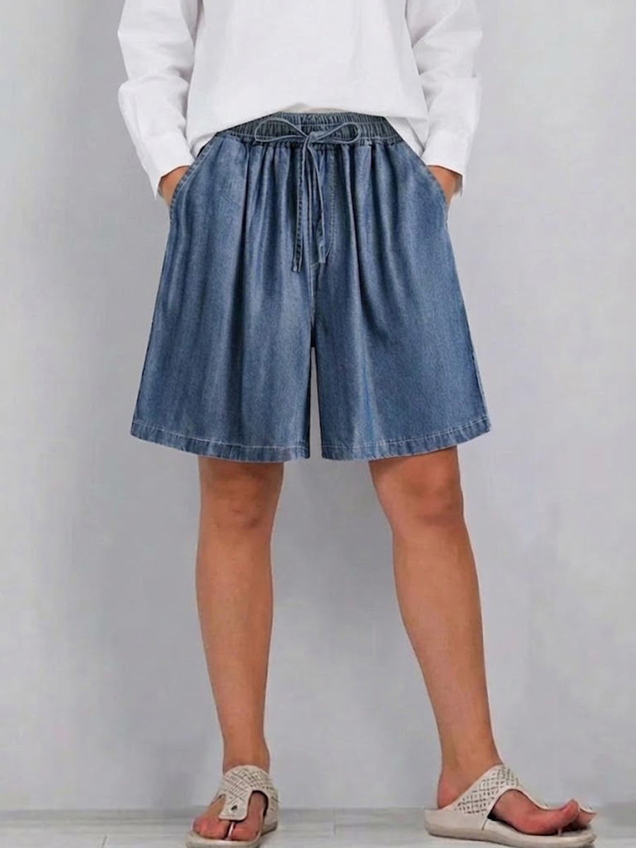 Washed Tencel Denim Wide-leg Mid-length Shorts With Elastic Drawstring Waist