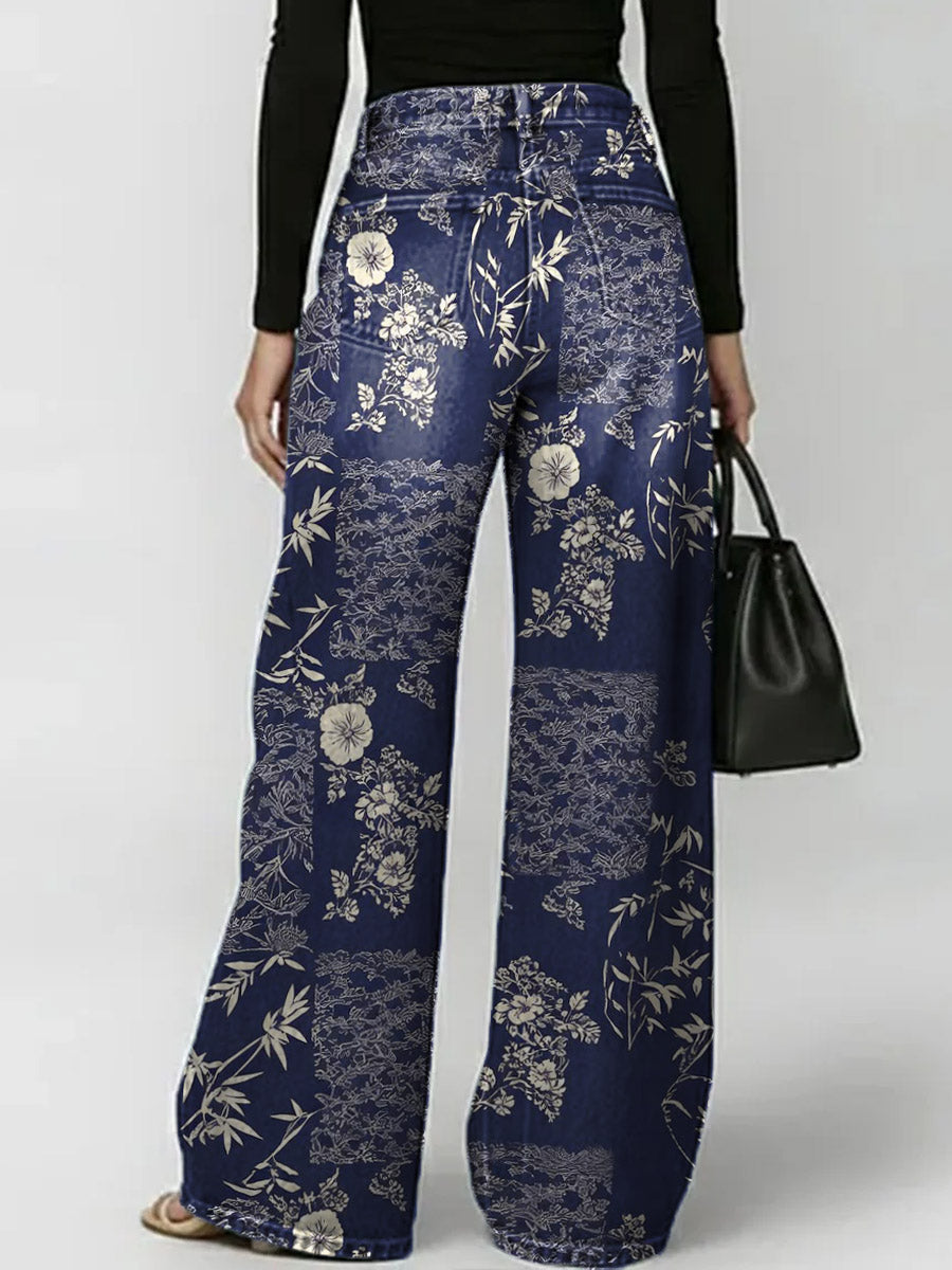Women's Retro Floral Art Print Casual Stylish Hollow Denim Pants